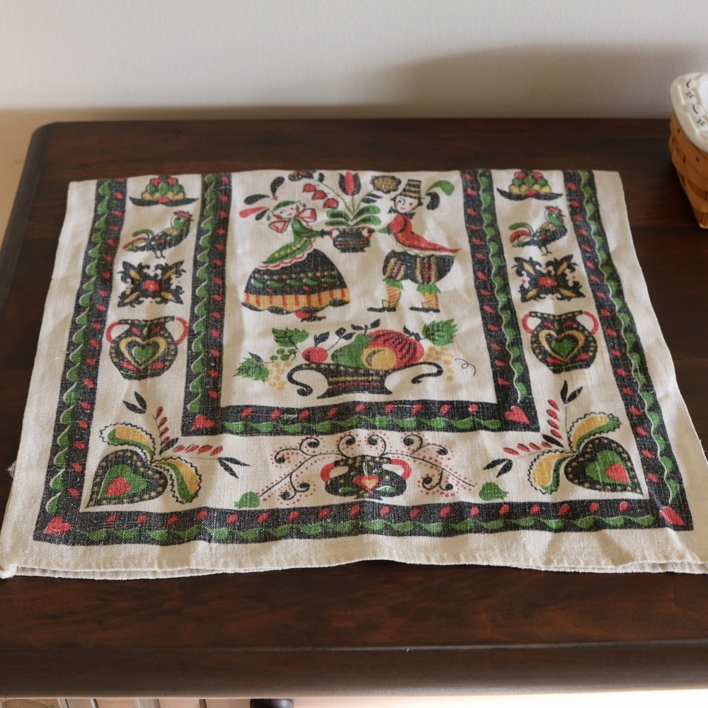 VTG Linen Kitchen Towel | Folk Art Alpine Motif